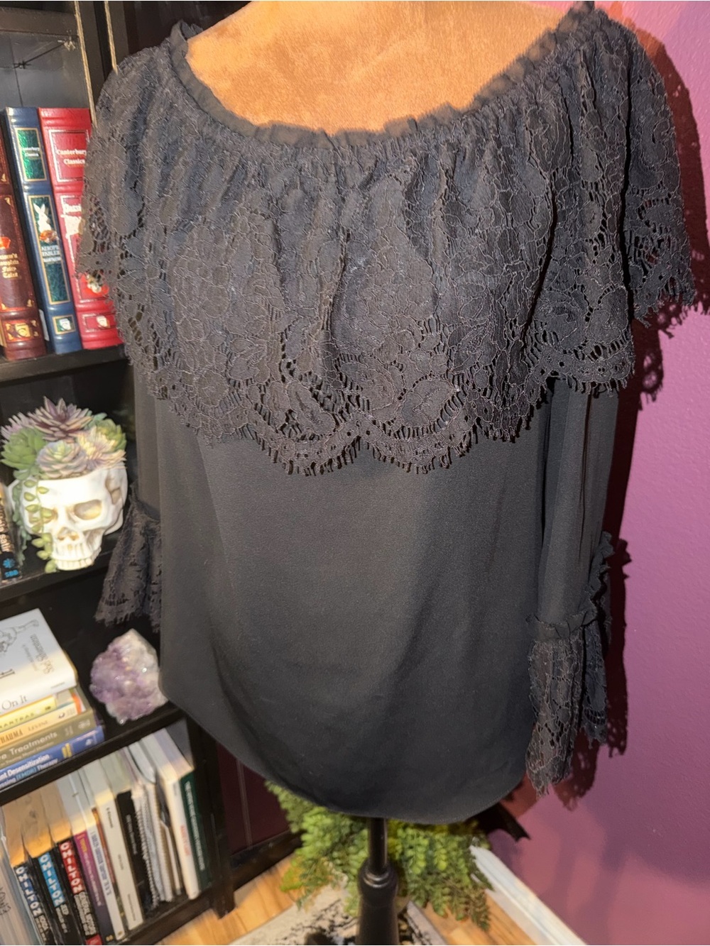 WHBM Black Lace Off-Shoulder Women's Top- Whimsigoth, boho, witchy
